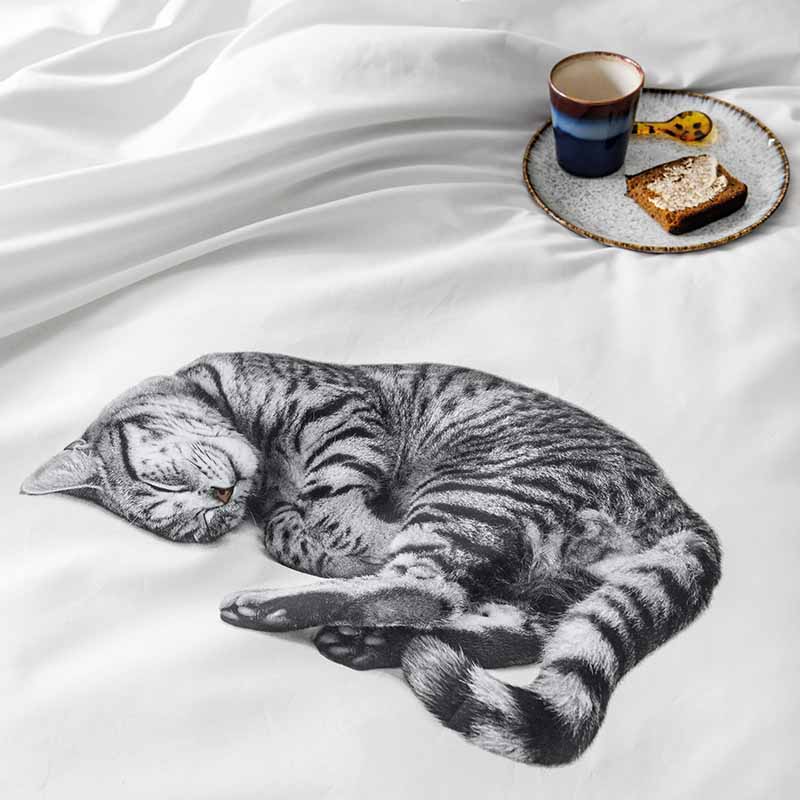 wit dekbed flanel met grijze poes