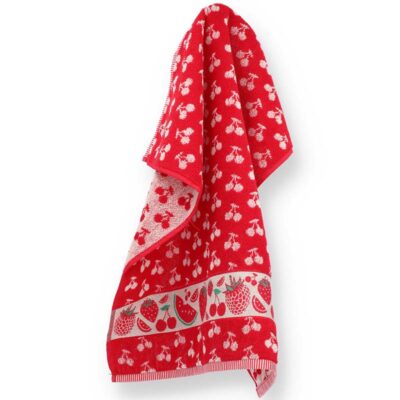 keukendoek in rood met wit en met een print van fruit