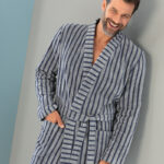 blauw grijs gestreepte heren badjas badstof