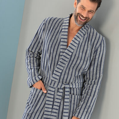 blauw grijs gestreepte heren badjas badstof