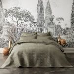 slaapkamer met zwart wit behang en kaki bedsprei