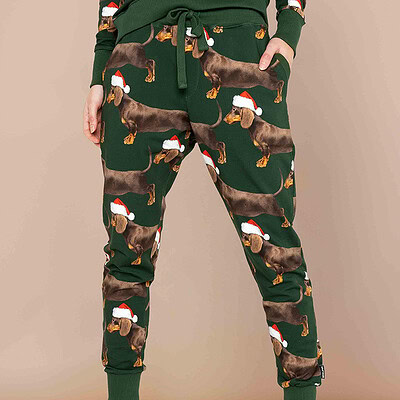 dames broek teckel met kerstmuts